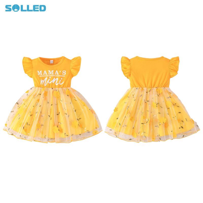 Baby Girl Tulle Tutu Dress Ruffled Sleeve Round Neck Dress Letter Pattern Flower Embroidery Sundress