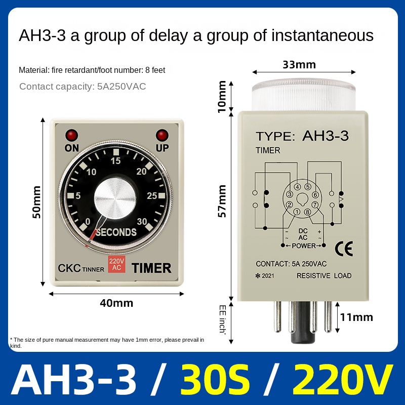 Timer Relay AH3-3 -30S-220V | tùy chọn Rơ Le thời gian AH3-3, AH3-2 CKC, 1s-60m, AC220V/DC24V, Trễ Bật, 8 Chân, Công Nghiệp, IP50, Độ Chính Xác Cao