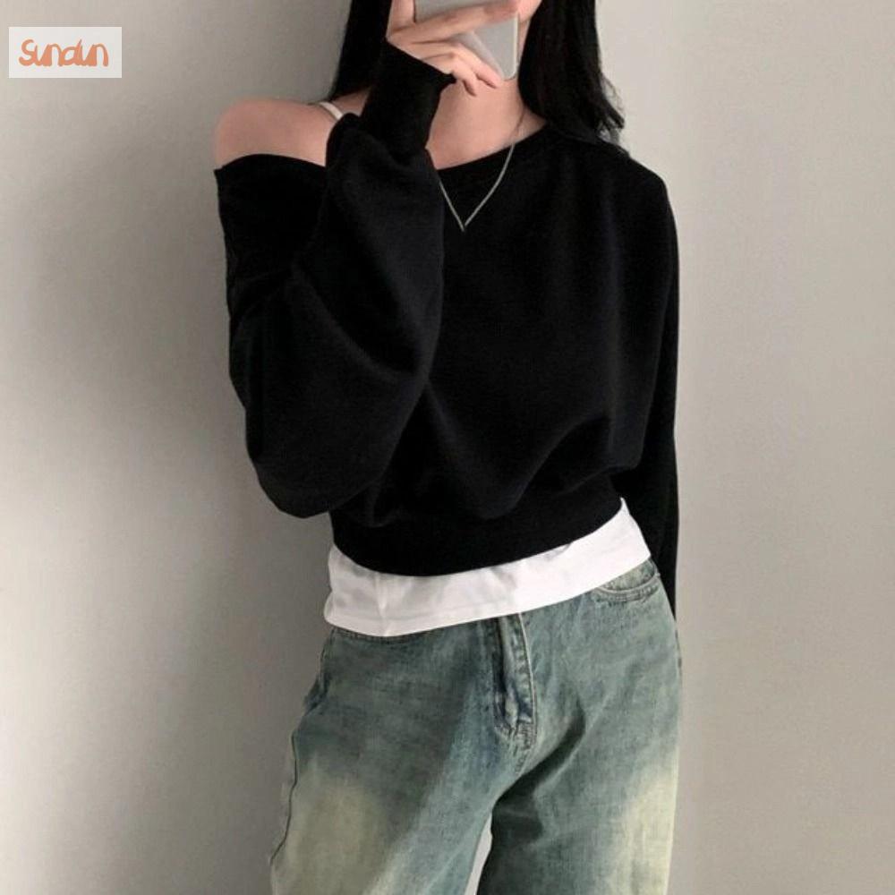 SUNDUN Màu sắc đồng nhất Áo thun tay dài Lỏng lẻo Phong cách retro Áo hoodie mùa thu crop top Sang trọng Phong cách Áo nỉ cho phụ nữ Thời trang đường phố
