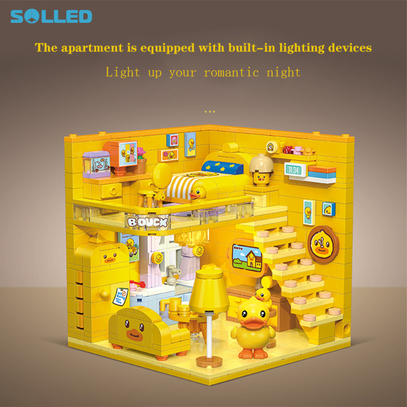 Litter Yellow Duck Duplex Apartment Model Building Blocks DIY Miniature Doll House Toys Ornament With LED Light Gifts For Kids ราคา 496 บาท*ส่งฟรี