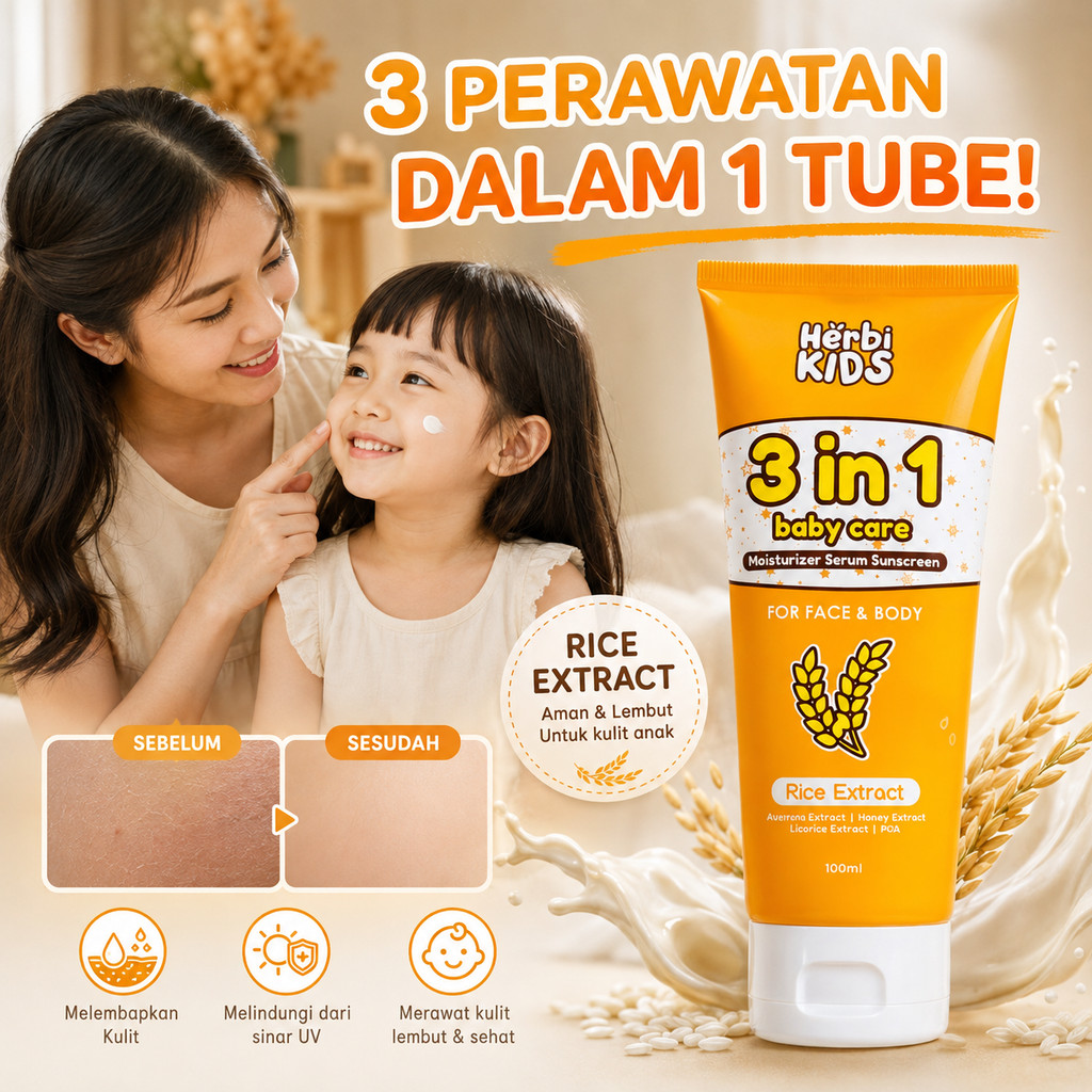 HERBI KIDS 3 in 1 Baby Care 100ml Sunscreen Anak Moisturizer Serum Wajah dan Tubuh Rice Extract