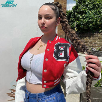 Áo khoác bóng chày nữ màu tương phản in đứng lên cổ áo da tay áo mỏng phù hợp với đồng phục bóng chày ngắn