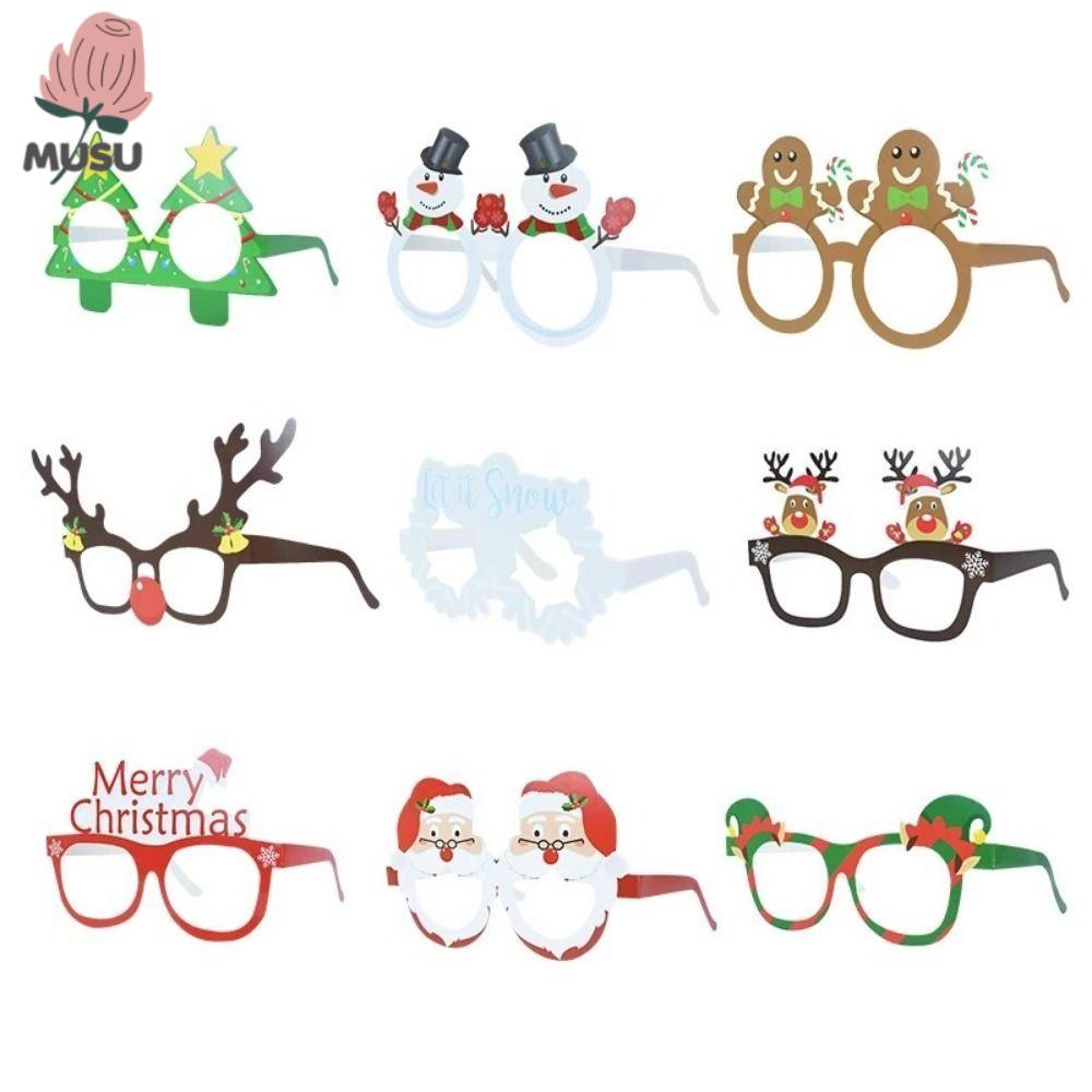MUSHU3 9pcs/set Hoạt hình Kính giấy ông già Noel Ông già Noel/người tuyết/Cây giáng sinh Có thể gập lại Kính giáng sinh vui vẻ Phụ kiện tiệc Papper Kính nai sừng tấm bông tuyết Đạo cụ chụp ảnh