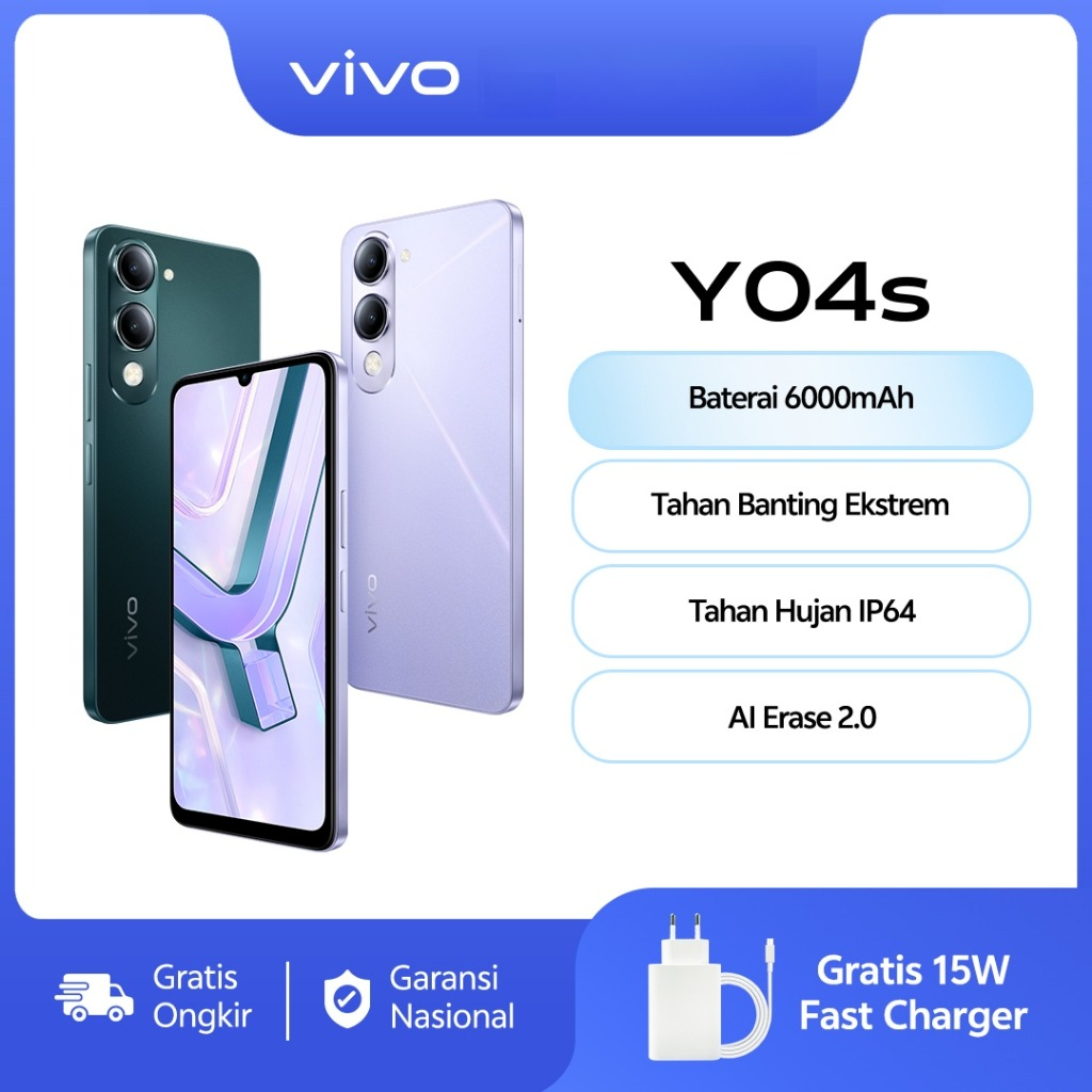 vivo Y04s [4/64 GB] [4/128 GB] - Desain Premium, 6000mAh Tahan Lama, Tahan Banting Ekstrem, Tahan Hujan IP64, AI Erase Harga  1,699,000 Ringgit*Penghantaran Percuma