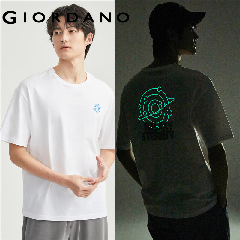 Giordano áo thun nam cổ tròn cotton 100% tay ngắn in hình vũ trụ huỳnh quang Free Shipping 01093386