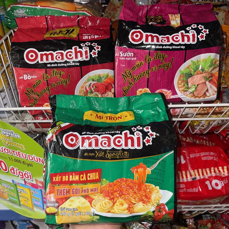 Bịch 5 Gói Mì Tôm Omachi Xốt Bò Hầm, Xốt Sườn Hoa Quả, Xốt Spaghetti 450g