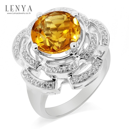 Lenya Citrine Gemstone Ring Helps Attract Wealth, Bright, Positive Energy, Size 10 Mm, 925 Sterling Silver Body, White Gold Plated. ราคา 5,990 บาท*ส่งฟรี
