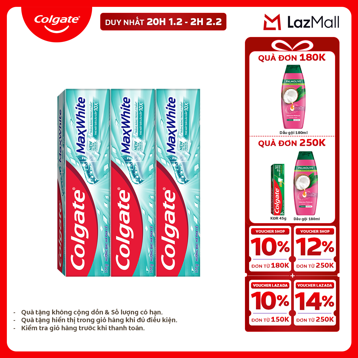 [Chỉ 20H 1.2 - 2H 2.2_X2 Voucher giảm 26%] Bộ 3 Kem đánh răng Colgate MaxWhite tinh thể the mát làm 
