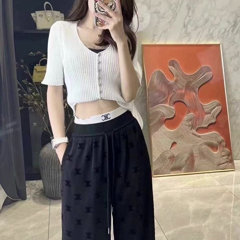 High-grade acetic acid jacquard high waist contrast splicing ribbon straight pants women's pants summer wide-leg pants casual pants tide