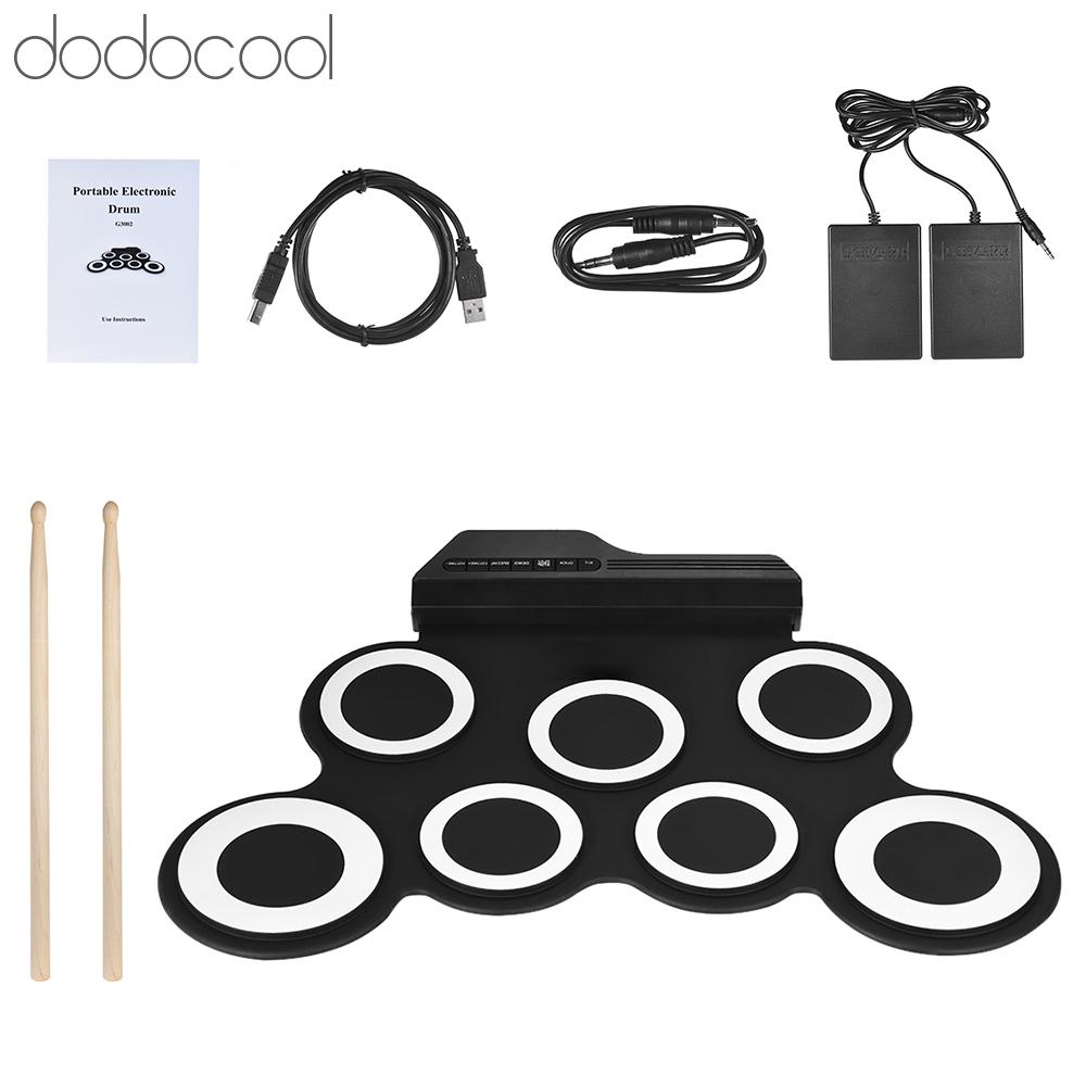 Dodocool Btuty Kích Thước Nhỏ Gọn Di Động Điện Tử Kỹ Thuật Số Cuộn Lên Bộ Trống 7 Miếng Trống Silicon Cấp Nguồn USB Với Dùi Trống Bàn Đạp Chân Cáp Âm Thanh 3.5mm