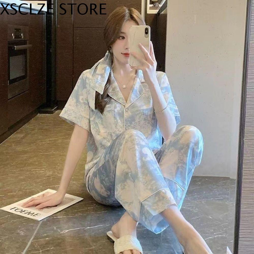 XSCLZE Bộ đồ ngủ Áo cardigan mùa hè quần dài Bông giả In Đồ ngủ quần dài tay ngắn Bộ đồ ngủ Thẩm mỹ Đồ ngủ lụa mát Nội thất gia đình