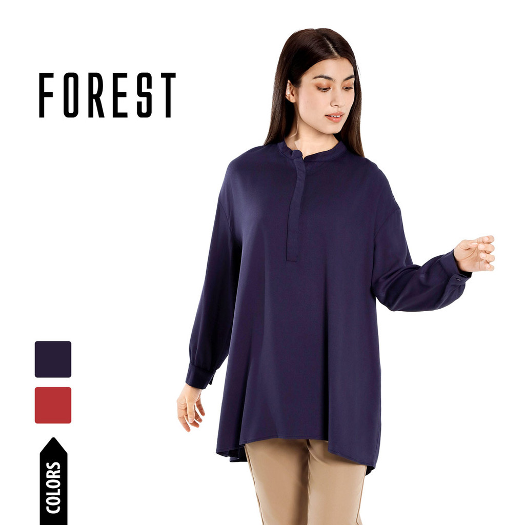 Forest Ladies Rayon Oversized Band Collar Plain Blouse Women Long Sleeve Tunic | Baju Perempuan - 822505