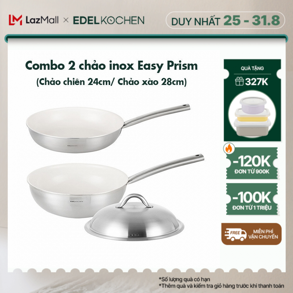 Combo 2 chảo inox Edelkochen Easy Prism - Màu Cream