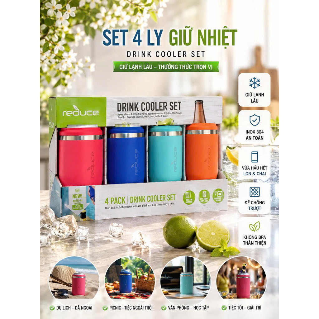 Set 4 Bình Giữ Lạnh Đa Năng Reduce 14oz - Tích Hợp Đồ Khui Chai Dưới Đáy (14 oz / 414ml)
