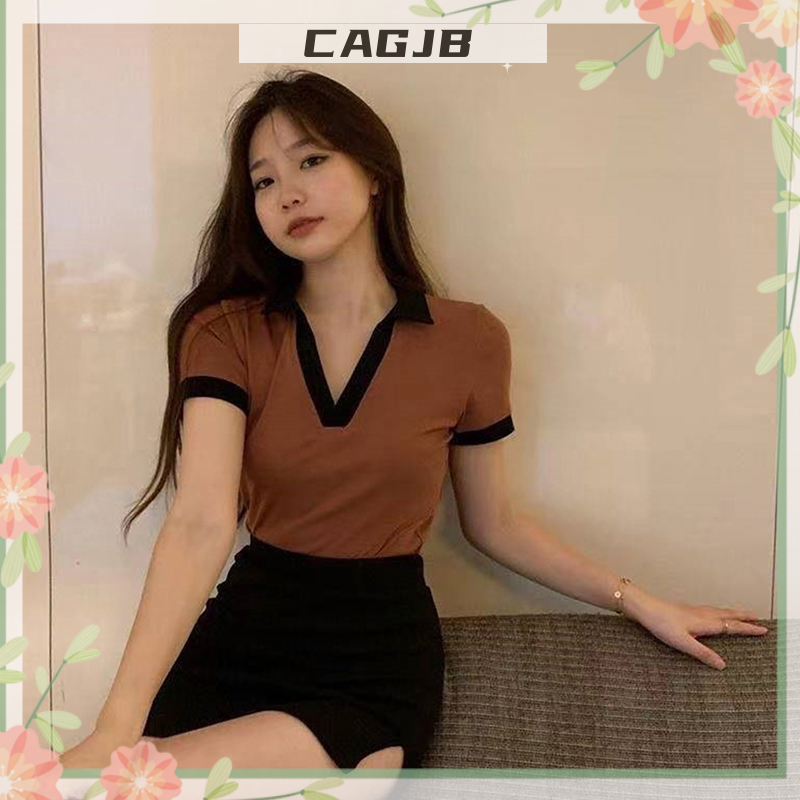 CAGJB Clothing Store sẵn sàng chuyển hàng Áo thun nữ Áo Hở Eo chắp vá cơ bản mùa hè Áo thun ngắn tay áo thun cổ bẻ Y2K