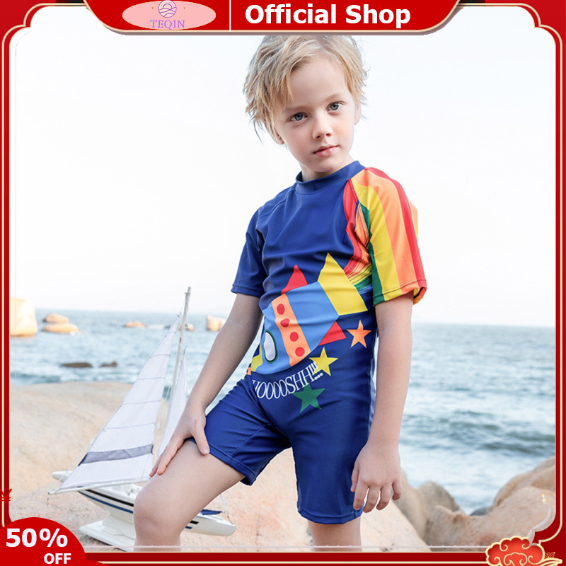 TEQIN【Fast Delivery】Kids Boys Cartoon One-piece Swimsuit Quick-drying High Elasticity Boxer Trunks Short-sleeved Sunscreen Bathing Suit Swimwear ราคา 218 บาท*ส่งฟรี