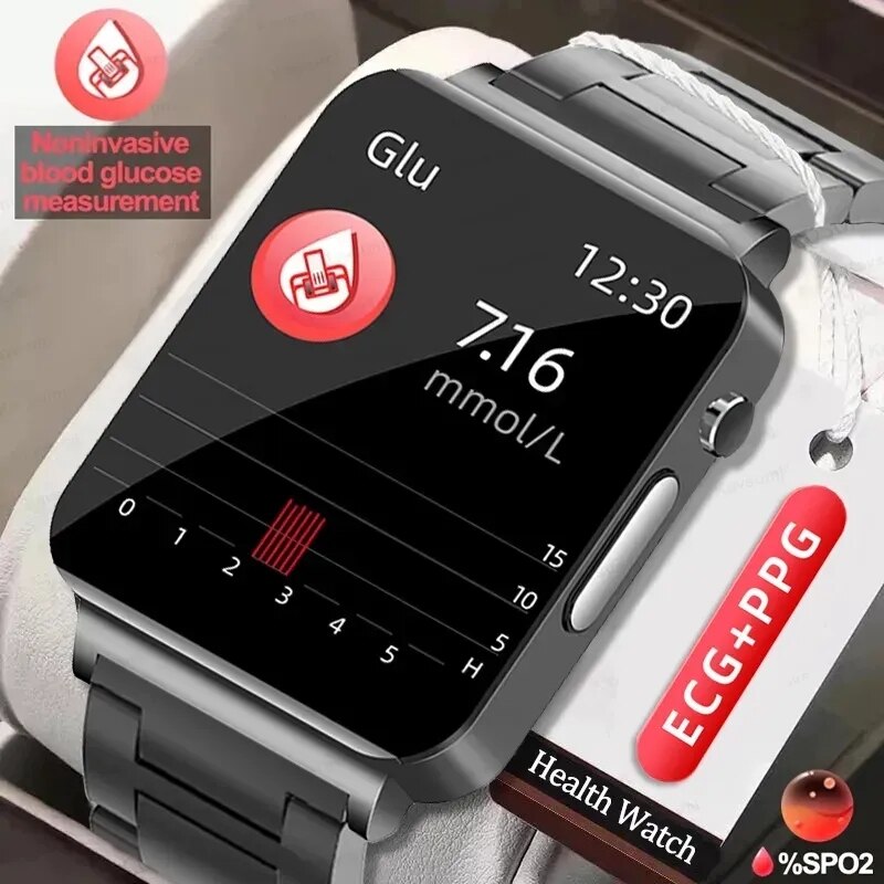 2024 đường huyết Đồng hồ thông minh người đàn ông HD Màn hình AMOLED theo dõi sức khỏe đồng hồ thể dục IP68 không thấm nước SmartWatch