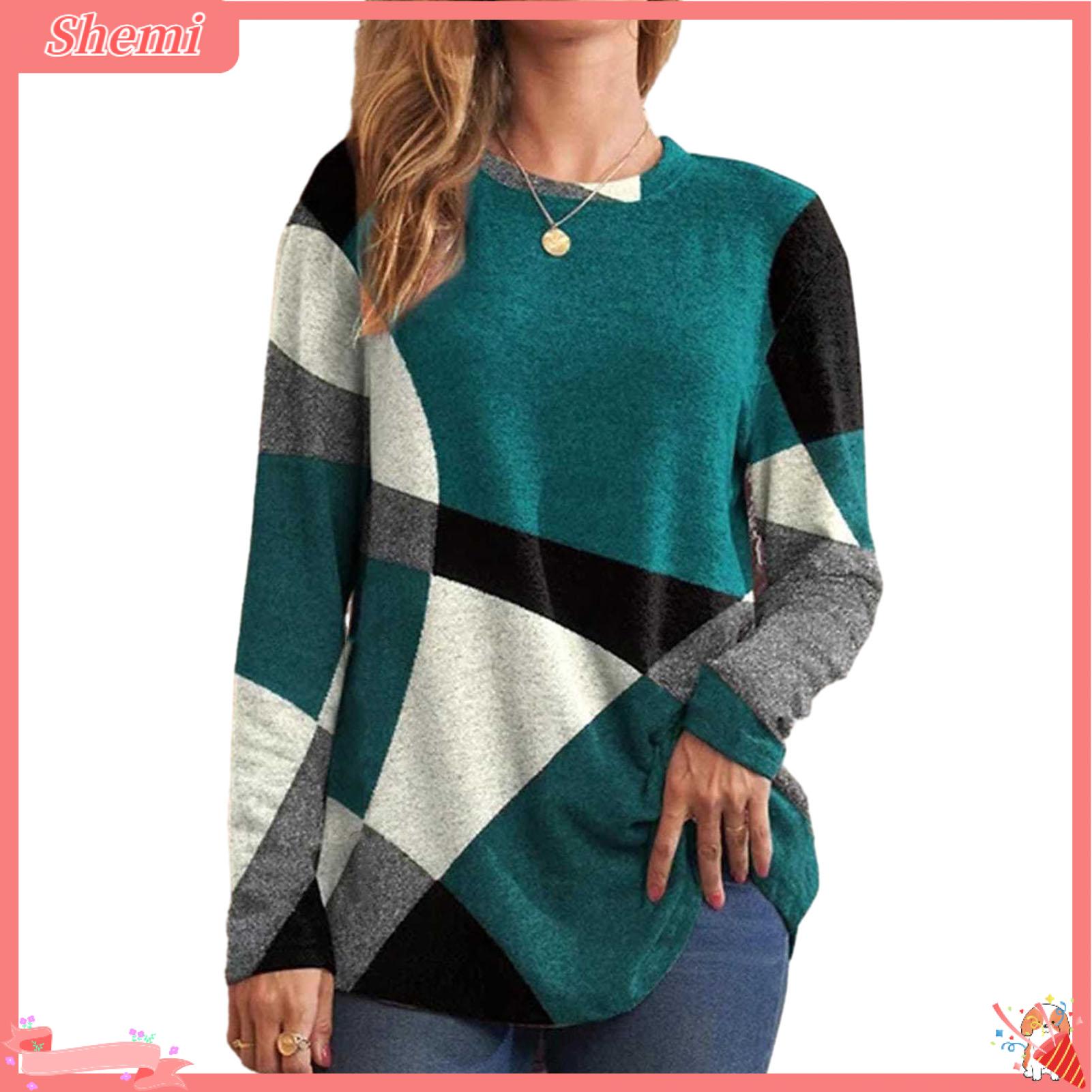 Shemi Stretchy Phụ Nữ Phụ Nữ Hàng Đầu Phụ Nữ T-Shirt chắp mảnh hình học áo màu Cho Phụ Nữ Hợp Thời Trang O-Cổ Tay áo dài Áo kết hợp các nút vừa rộng áo dáng dài Cho Mặc Giản Dị
