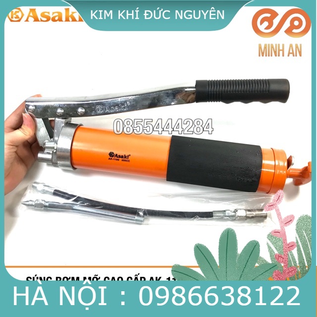 Bơm Mỡ Asaki AK-1100 - Ống Thép Cao Cấp, Hợp Kim Kẽm, Dây Bơm Mềm 300mm