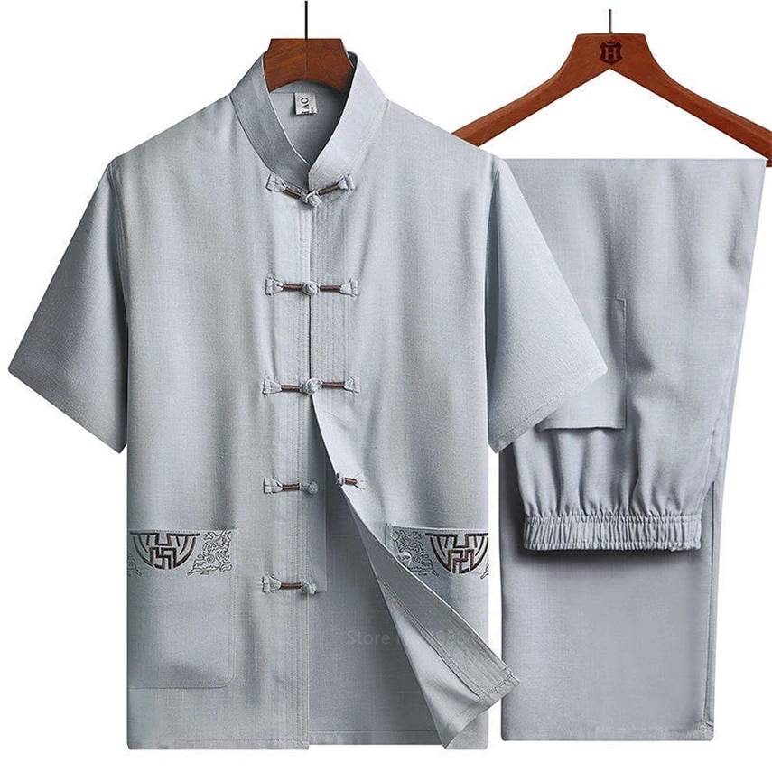 Chinese Traditional Clothing Set Men Tai Chi Kung Fu Uniform Linen Short Sleeve Embroery Casual Chinese Clothing Hanfu