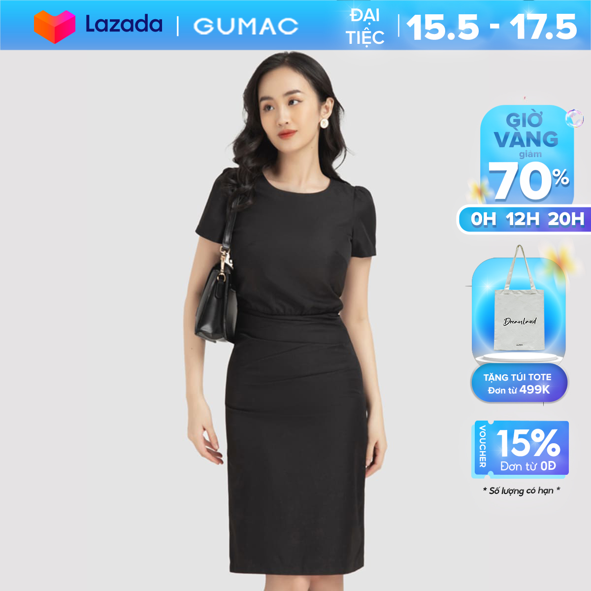 [15 - 17.5 | TẶNG QUÀ đơn từ 499K] Đầm nữ dáng ôm thiết kế tùng xếp ly màu đen DB12004 GUMAC