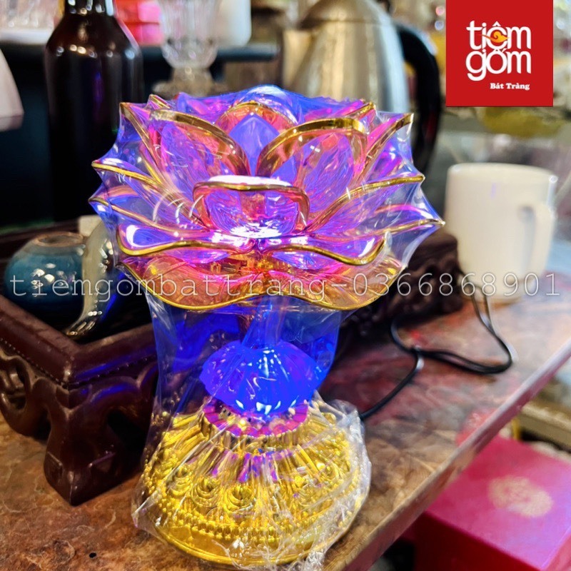 Cặp Đèn Hoa Sen, Đèn tụng kinh niệm Phật hoa sen, đài đèn led đổi màu cao cấp