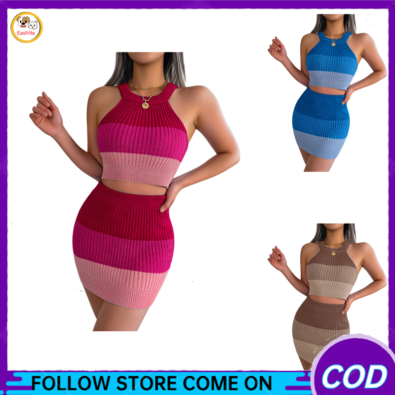 Womens Sexy 2 Piece Mini Dress Outfits - Sleeveless Gradient Crop Top Hip-Covering Skirt Set Bodycon