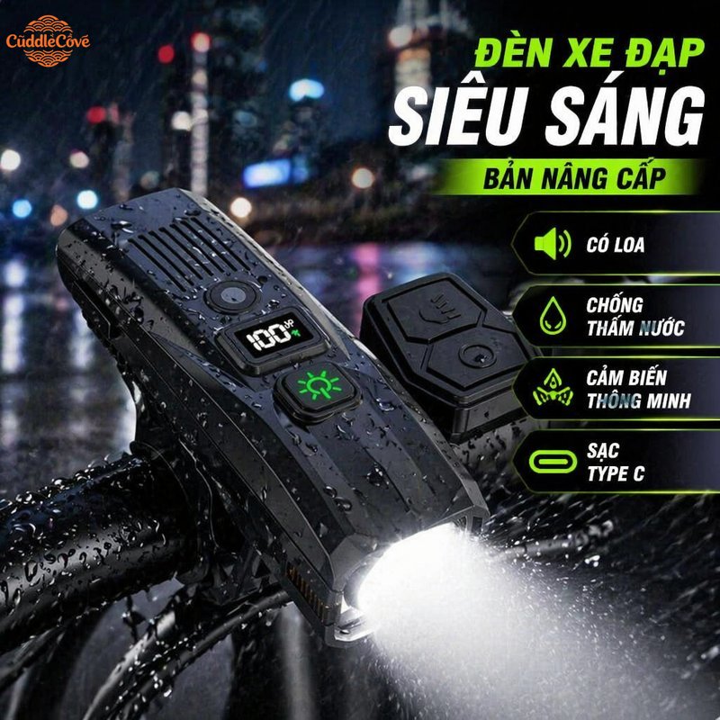 CuddleCove đèn xe đạp còi điện không dây siêu sáng chống nước cảm biến ngày đêm màn hình LCD sạc Type C gắn ghi đông đi đêm