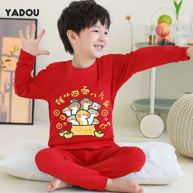  YADOU Boys' pajamas red autumn clothes and long johns baby sweater and trousers set children's thermal underwear 