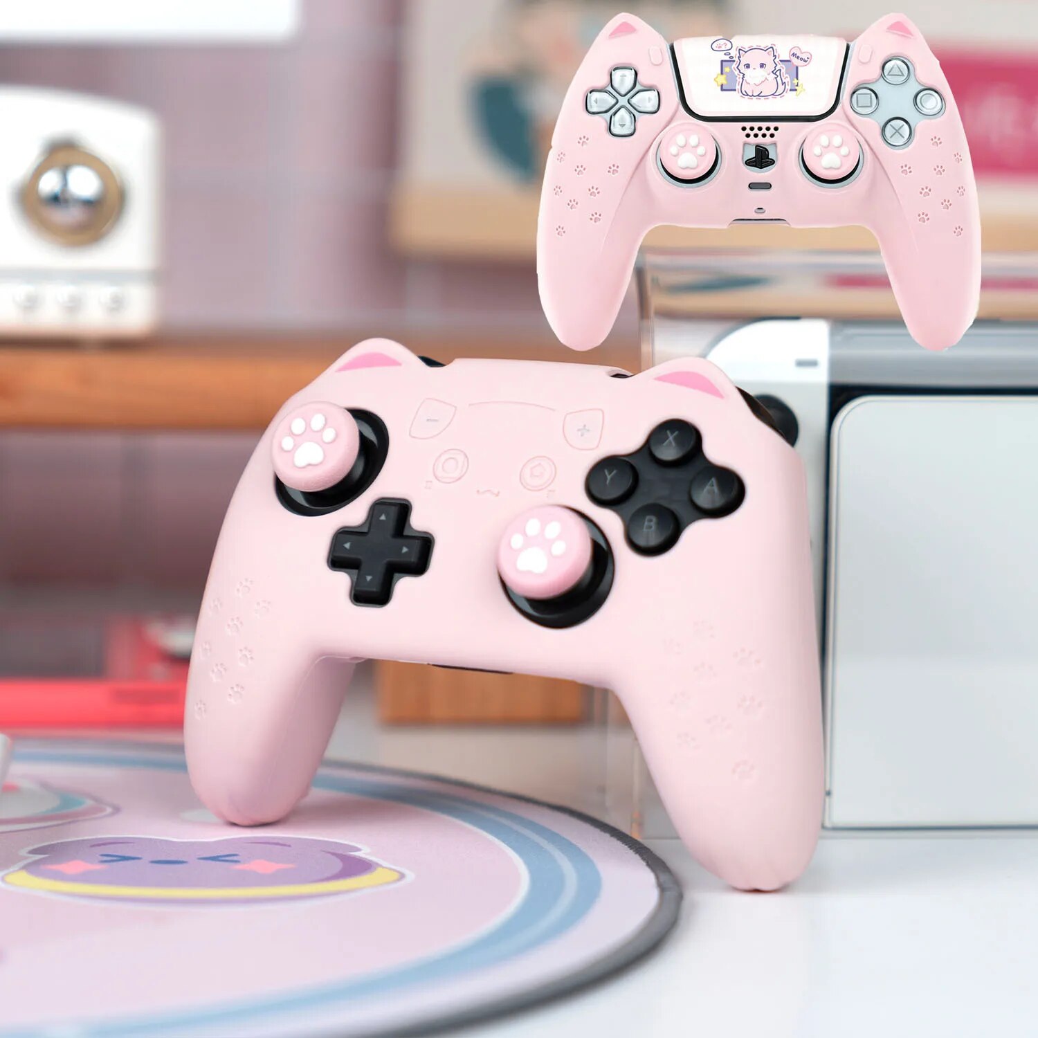 【Free-delivery】 Cat Paw Pink Silicone Soft Cover Sticker Skin For Nintendo Switch Pro Dualsense 5 Ps5 Controller Case Thumb Grip Cap