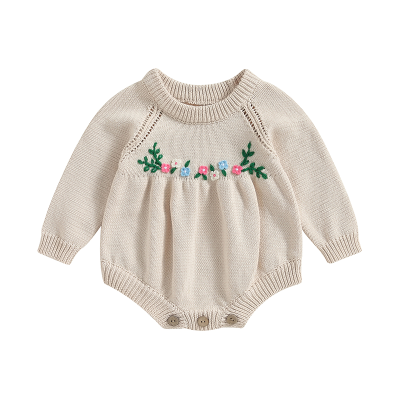 ANFUTON Baby Girls Knit Rompers 3D Flower Embroidery Crew Neck Long Sleeve