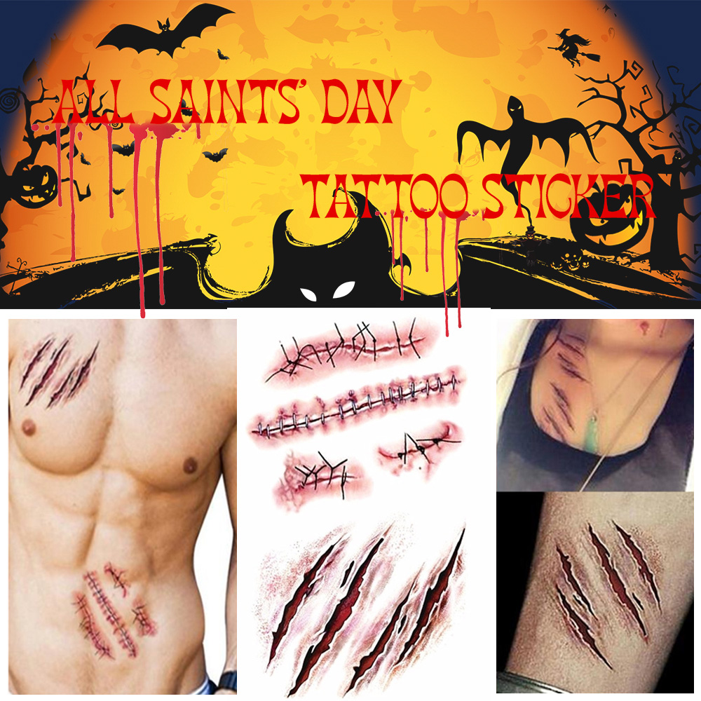 Zombie Halloween hình xăm sẹo dán giả vảy máu vết thương máu sticker trang trí tiệc
