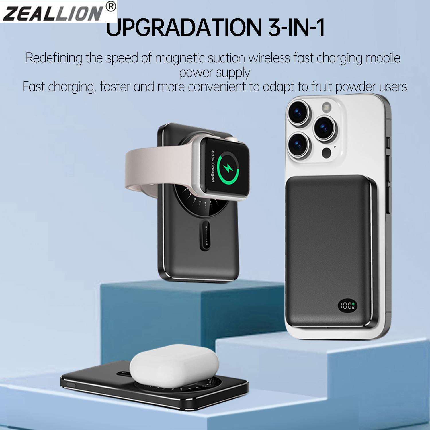 Zeallion Fast Charging Magsafe Suction 3in1 Wireless Power Bank Ultra Thin External Battery Mobile Power Supply for iPhone iWatch