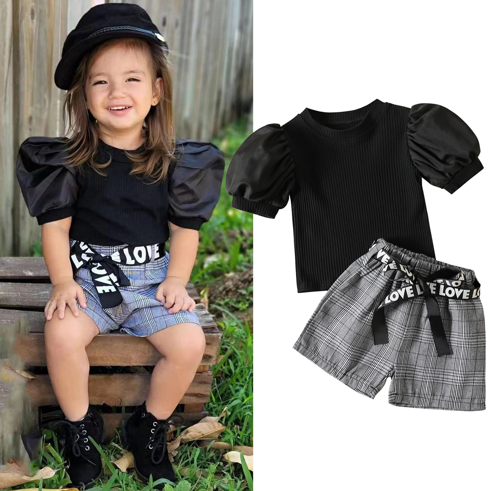 Toddler trẻ em em bé bé gái ngắn ống tay phồng gân t áo sơ mi tops quần đùi kẻ caro quần 2pcs trang phục bộ quần áo với vành đai quần áo bé gái ngủ pyjama phù hợp với mẹ và bé phù hợp với giày bé băng đô giáng sinh kích thước 4 quần áo nữ mồ hôi trang phụ