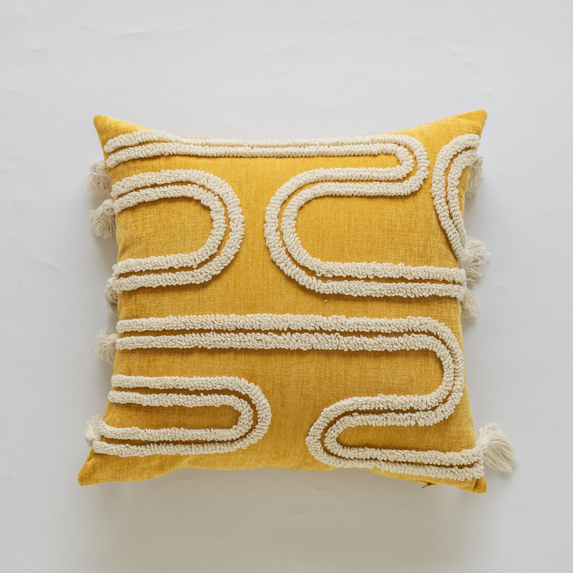 30x50cm/45x45cm Yellow Chenille Cushion Cover Handmade Loop Tuft Textured Throw Pillow Cover with Tassels Boho Modern Pillowcase for Home Sofa