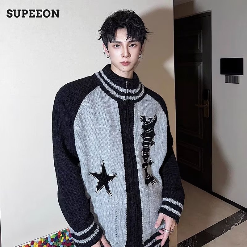 SUPEEON Men s trendy designer sweater zipper cardigan Versatile lazy deer