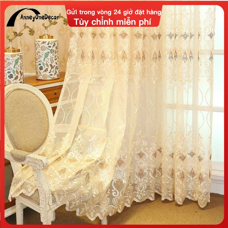 AnneyOneDecor Rèm Vải Tuyn Bắc Âu Sang Trọng Cho Phòng Khách Rèm Vải Mỏng Thêu Châu Âu Rèm Cửa Sổ Vải Voan