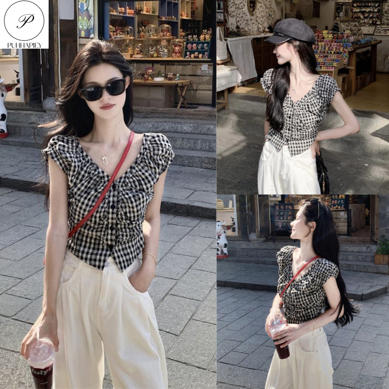 PUHHAPIEY T-Shirtsเสื้อเชิ้ตแขนกุดลายสก๊อตสีตัดกันสำหรับผู้หญิงเสื้อเชิ้ตตัวสั้นใส่แล้วดูผอมเพรียวสำหรับฤดูร้อนเสื้อคอวี ราคา 119 บาท*ส่งฟรี