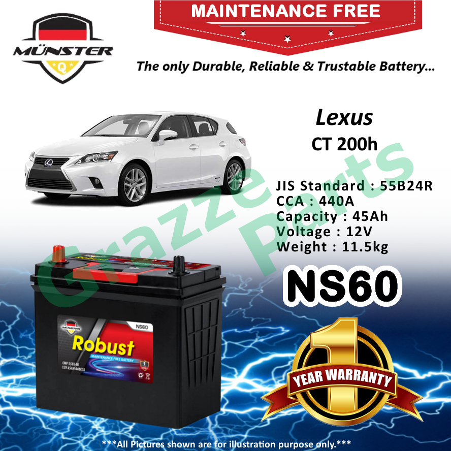 Mnster Robust MF CMF NS60 | 55B24R (45AH) Car Battery Bateri Kereta for Lexus CT-200h CT200h CT 200 
