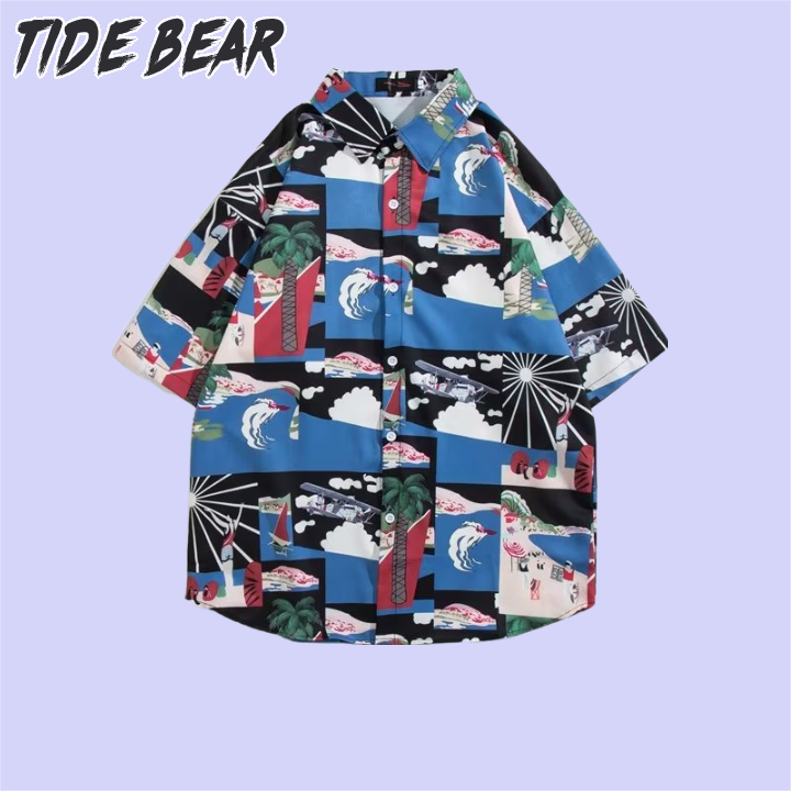 TIDE BEAR Men's Hawaiian style shirt art new standard simple shirt daily temperament youth popular long sleeve spring trend men flower shirt ราคา 144 บาท*ส่งฟรี