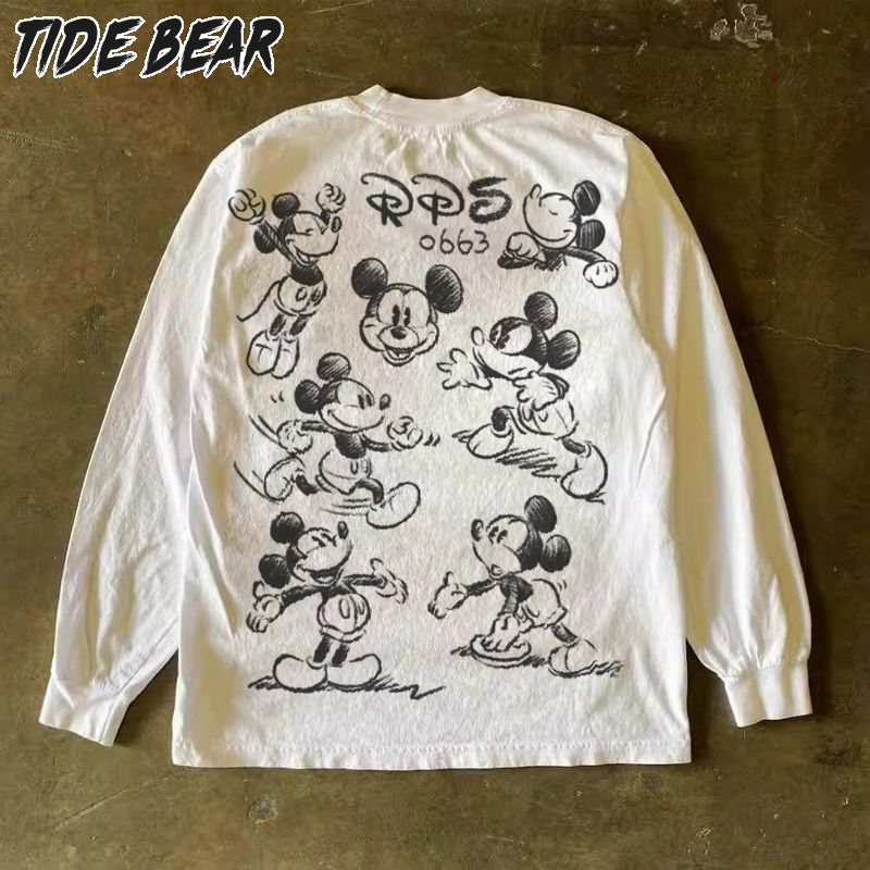 Retro Mickey in Dài Tay T-Shirt Thanh Niên dáng suông giản dị hoạt hình Xu hướng thiết kế bông áo thoáng khí