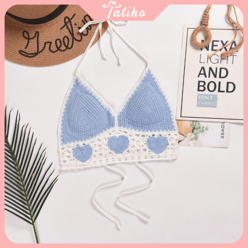 Áo Bra Len Móc Áo 2 Dây Đi Bơi Nữ Họa Tiết Hoa Xinh Xắn Dáng Croptop Phối Hoa Thời Trang Đi Biển Mùa