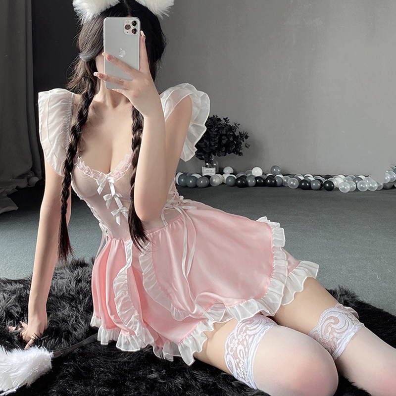 Sexy Lingerie Set Japanese Anime Cosplay Costume See Through Pink Maid Dress Role Play Uniform Temptation Lovely Princess Dress