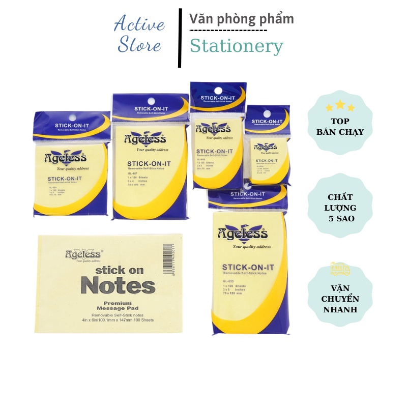 Giấy Note Ghi Chú Màu Vàng Ageless Đủ Kích Cỡ 1.5X2 3X2 3X3 3X4 3X5 4X6