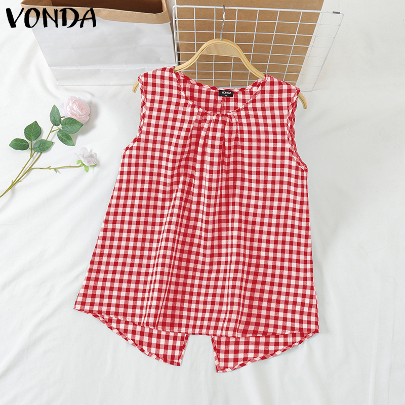 VONDA Women's Girly Style Sleeveless Grid Printed Vests Split Back A-Line Summer Tank (Korean Floral) #2 ราคา 144 บาท*ส่งฟรี