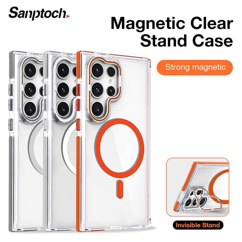  Sanptoch cho MagSafe ống kính máy ảnh đứng vỏ điện thoại cho Samsung Galaxy S25 S24 Ultra Plus không trượt rõ ràng bìa cho Galaxy S23 siêu chống sốc dùng trong quân sự vỏ bảo vệ với hợp kim chủ 