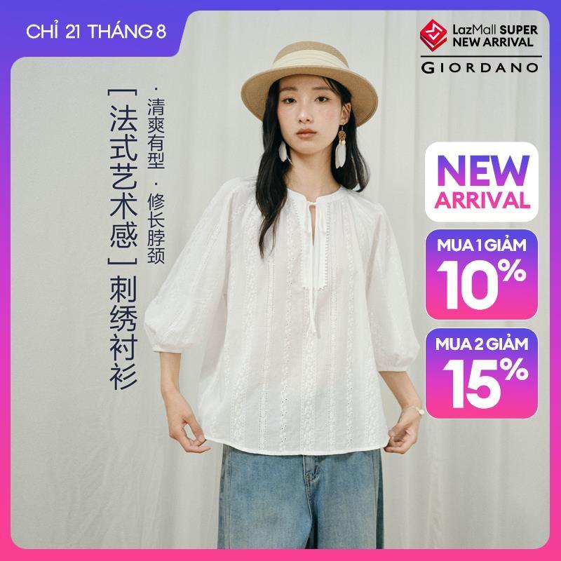 GIORDANO Women Blouses Eyelet Embroidered Cotton Blouses Notch Neck 3/4 Sleeve Fashionable Casual Loose Blouses 18346726