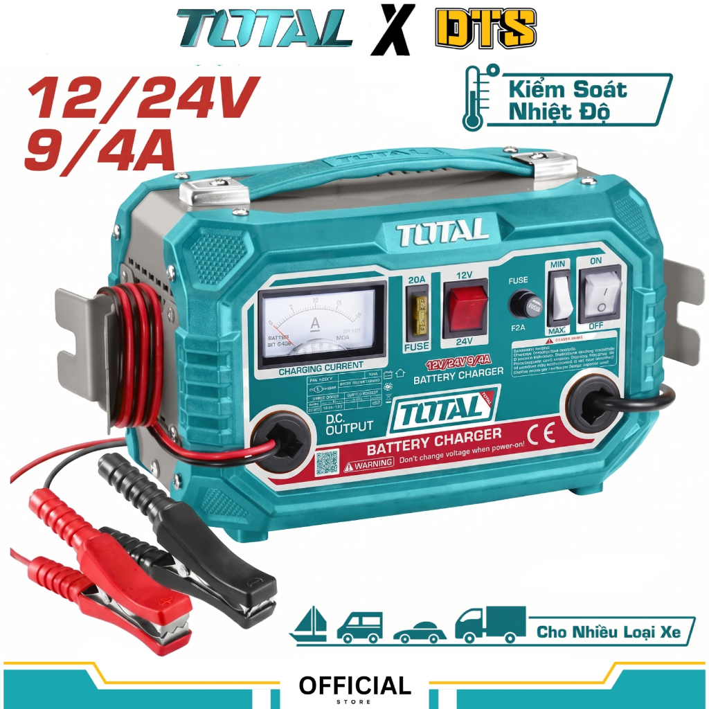 Máy sạc bình ắc quy 12V-24V TOTAL TBC1601 – dòng sạc tối đa 12A, hỗ trợ bình 28-180Ah, an toàn, ổn định