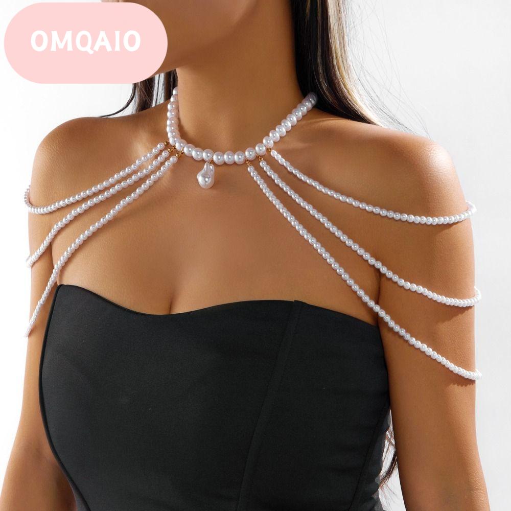 OMQAIO สร้อยคอทอง สร้อยไหล่ไข่มุกเทียม หลายชั้น ลูกปัด เครื่องประดับโซ่ประดับร่างกาย สไตล์เรโทร สวมใส่ง่าย สร้อยคอพู่สำหรับเจ้าสาว งานแต่งงาน ราคา 127 บาท*ส่งฟรี