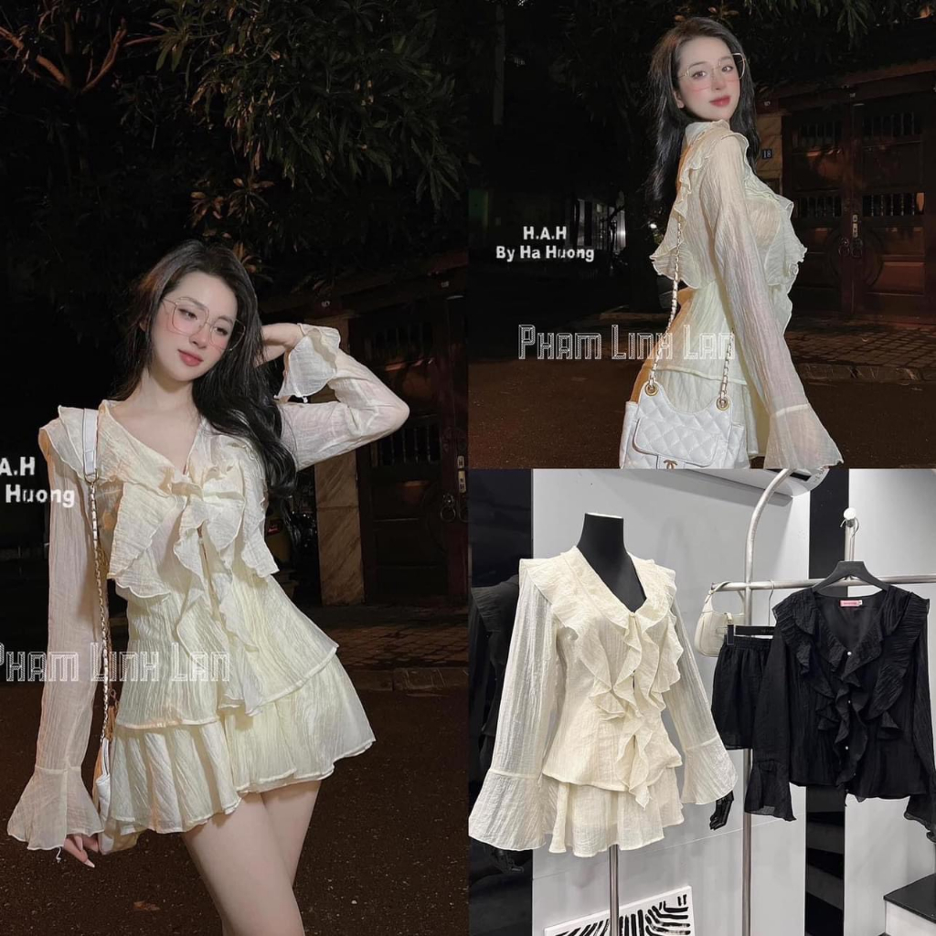 Set áo viền bèo tay loe mix chân váy xoè - set bộ đi chơi
